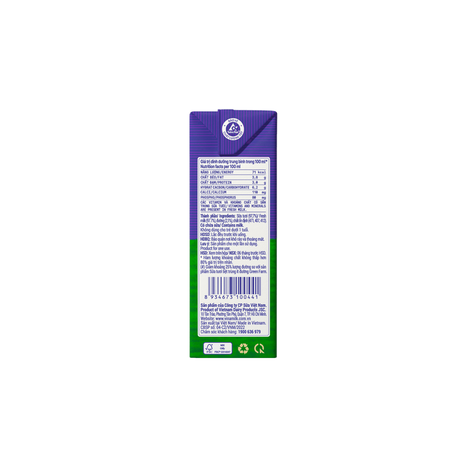 Sữa tươi tiệt trùng Green Farm Rất ít đường 110ml